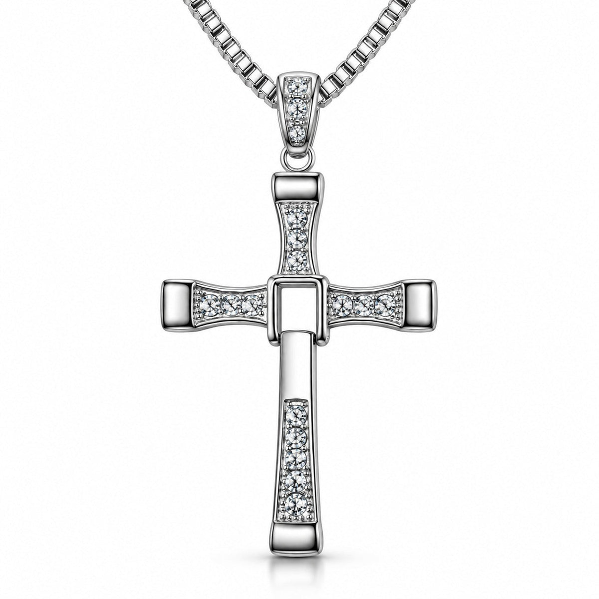 Fidelink cross necklace with box chain on a white background