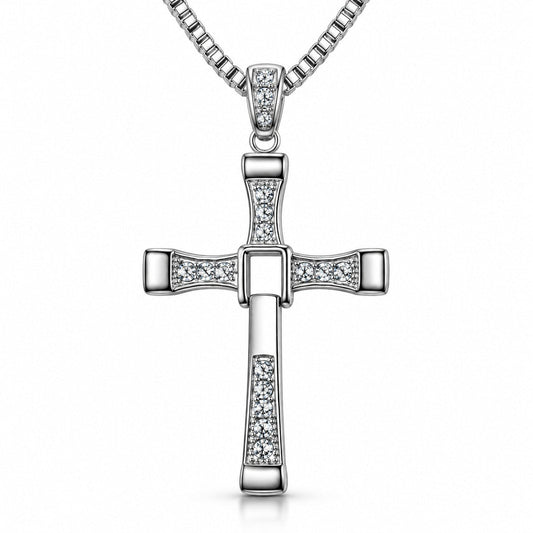 Fidelink cross necklace with box chain on a white background